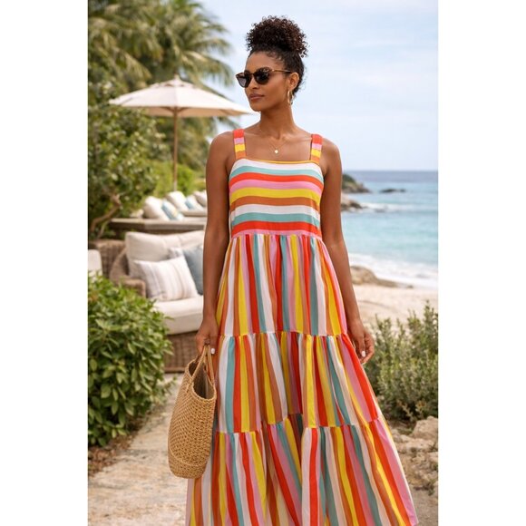 J.Crew Dresses & Skirts - J.Crew Rainbow Stripe Maxi Dress M Cotton Tiered Resort Beach 53”